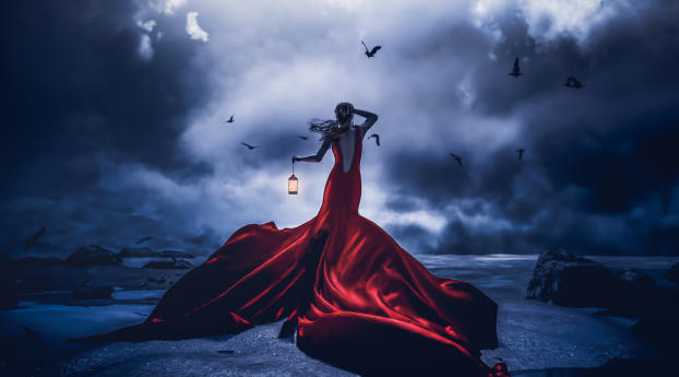 Lost In Night Girl Red Dress With Lantern Wallpaper 2560x1024 Resolution
