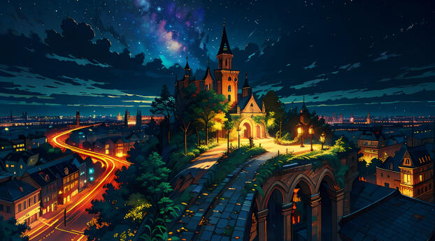 Magical Castle HD Anime Night Wallpaper 1440x2960 Resolution