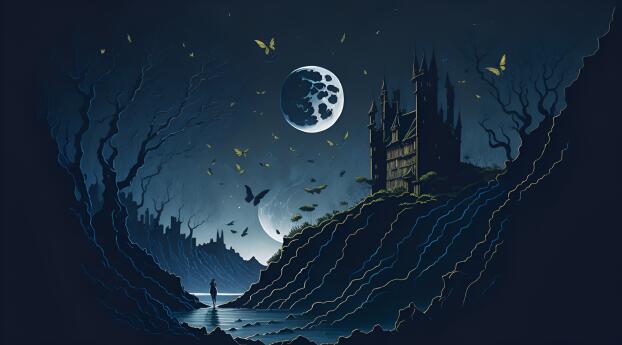 Majestic Castle and a Beautiful Moon Landscape Wallpaper