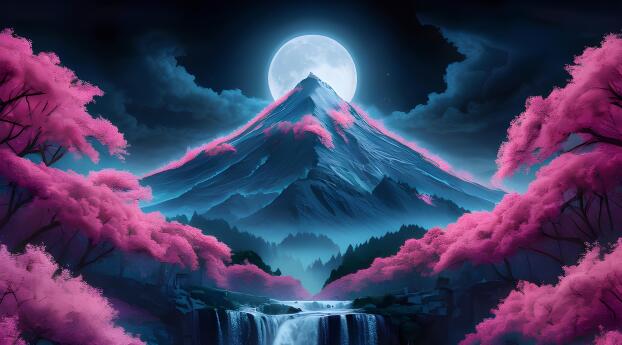 Majestic Mountain Surrounded by Pink Blooming Trees and a Waterfall Wallpaper 1080x2248 Resolution