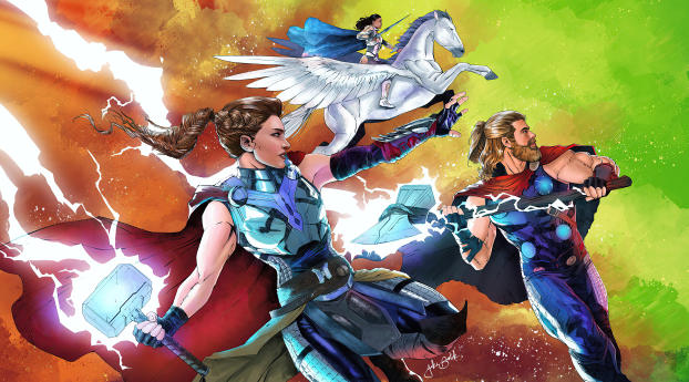 Male and Female Thor with Valkyrie Wallpaper 1450x550 Resolution