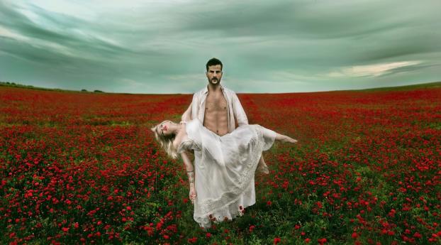 Man Carry Women In Field Fantasy Wallpaper 1440x2160 Resolution