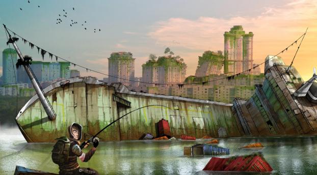 man, fishing rod, river Wallpaper 1080x2280 Resolution