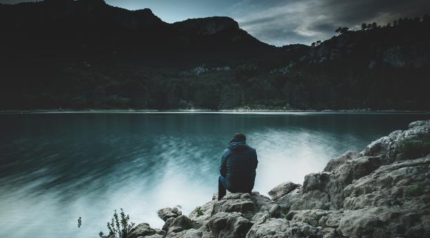 man, mountain, lake Wallpaper 750x1334 Resolution