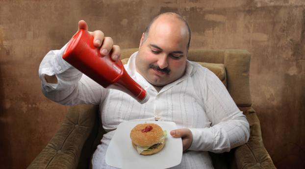 man, overeating, ketchup Wallpaper 3840x1080 Resolution