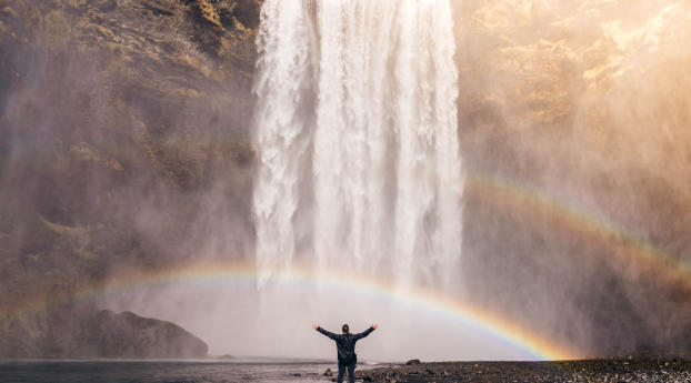 man, rainbow, waterfall Wallpaper 1440x900 Resolution