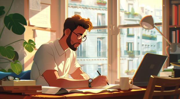 Man Studying at Desk HD Cartoon Wallpaper