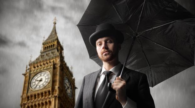 man, umbrella, london Wallpaper 5760x1080 Resolution