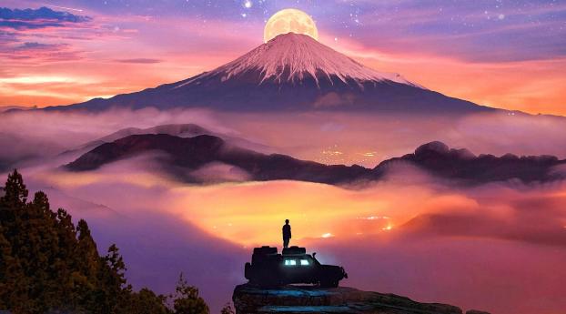 Man Watching Moon Rising Over Mountains Wallpaper 1080x2248 Resolution