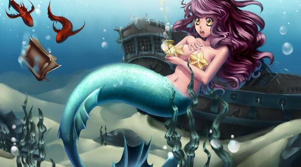 mermaid, underwater, ship Wallpaper 480x960 Resolution