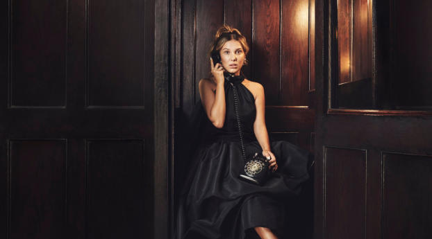 Millie Bobby Brown Black Dress Wallpaper 6000x1688 Resolution