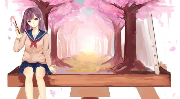 mimi tsukue, schoolgirl, cherry Wallpaper 2560x1080 Resolution