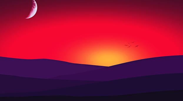 Minimal Sunset, Purple Mountains And Birds Wallpaper