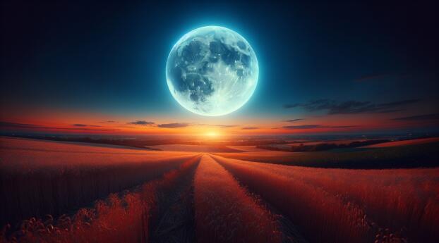 Moon Over Tranquil Fields HD Wallpaper