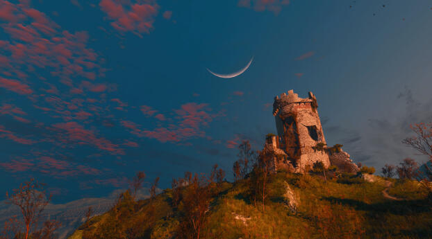 Moonlit Castle Ruins HD The Witcher 3 Wallpaper 7560x1800 Resolution