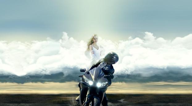 motorcyclist, guardian angel, clouds Wallpaper
