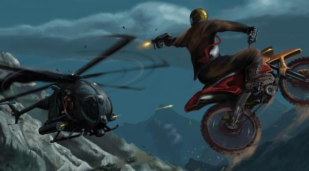 motorcyclist, jump, helicopter Wallpaper 1336x768 Resolution