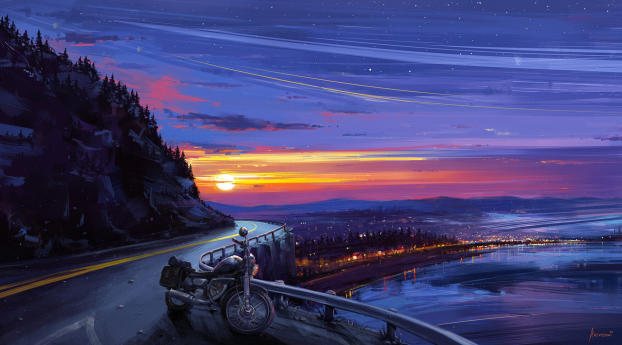 Motorcyle Digital Art Sunset Wallpaper
