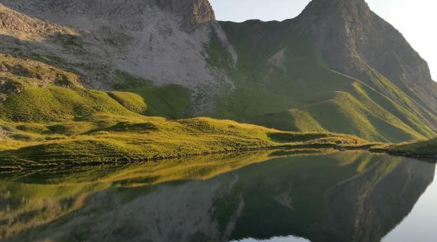 mountain, lake, grass Wallpaper