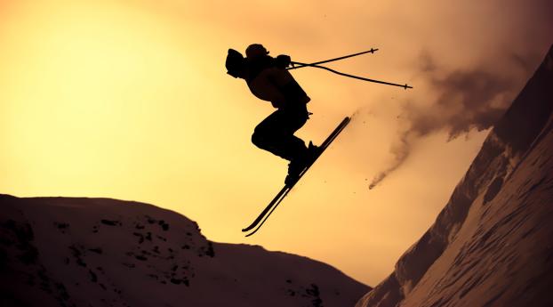 mountain skiing, jump, silhouette Wallpaper