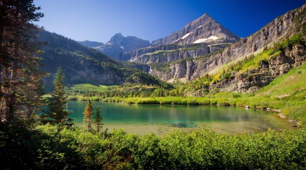 mountains, lake, grass Wallpaper