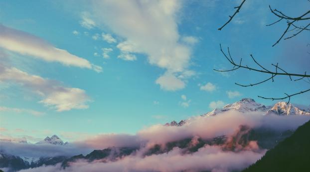 mountains, mist, sky Wallpaper