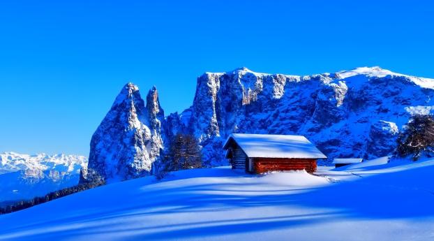 mountains, snow, hut Wallpaper