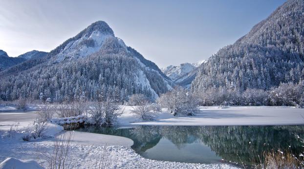 mountains, trees, frozen lake Wallpaper