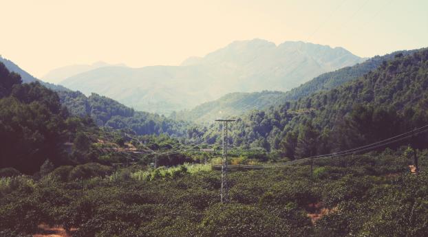 mountains, wires, trees Wallpaper 2048x1152 Resolution