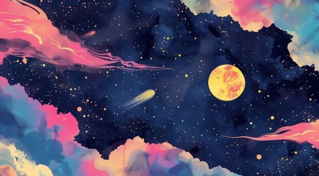 Mystical Galaxy and Comet HD Sci-Fi Moon Art Wallpaper