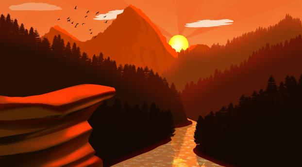 Nature Sunset Near Mountain River Artwork Wallpaper