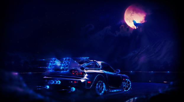 Neon Car Driving To The Moon Wolf Wallpaper 1440x1440 Resolution