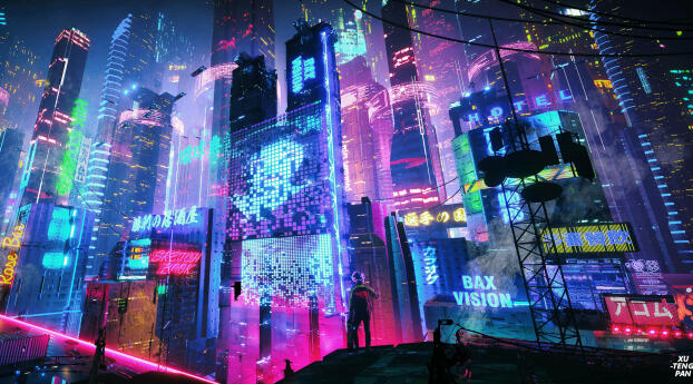 Neons in Futuristic City HD Skyscraper Wallpaper 2480x900 Resolution