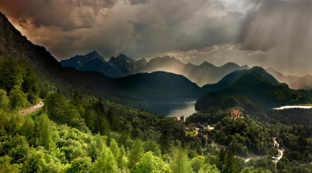 Neuschwanstein Castle Mountains And Forest Germany Wallpaper 2560x1024 Resolution
