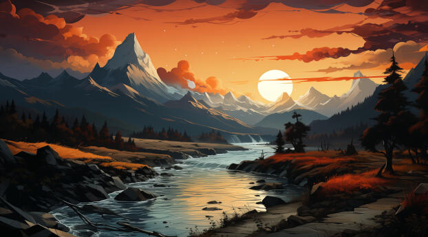 New Majestic Sunset River HD Landscape Wallpaper 1242x268 Resolution