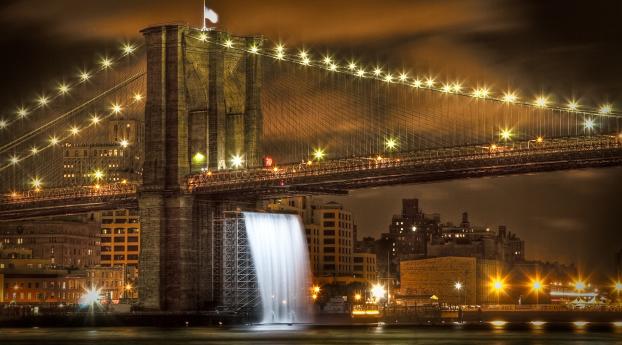 new york, bridge, waterfall Wallpaper 1600x900 Resolution