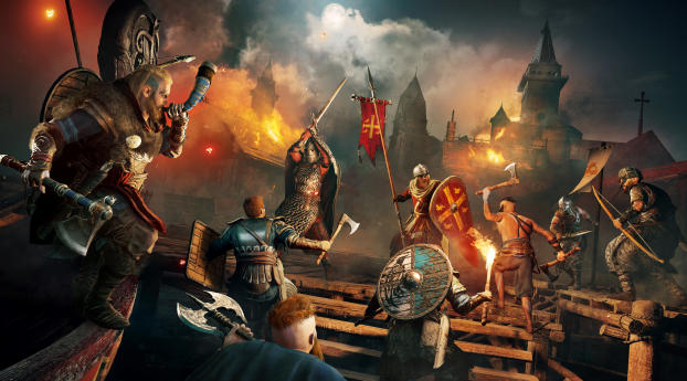 Night Battle Assassins Creed Valhalla Wallpaper 2560x1800 Resolution