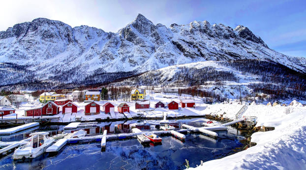 norway, mountains, buildings Wallpaper 1336x768 Resolution