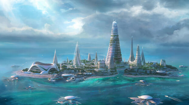 Ocean City Digital Illustration Wallpaper 1080x1920 Resolution