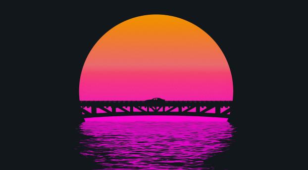 Outrun Style Car Moving On The Bridge Wallpaper