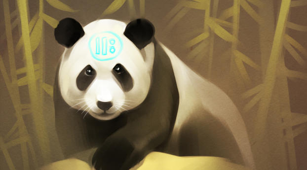 panda, art, bamboo Wallpaper 1600x400 Resolution