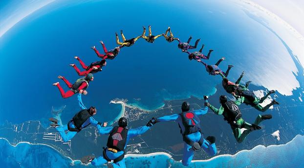 parachute jump, synchronously, beautifully Wallpaper 2160x384 Resolution