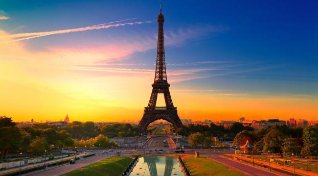 paris, eiffel tower, dawn Wallpaper 2560x1024 Resolution