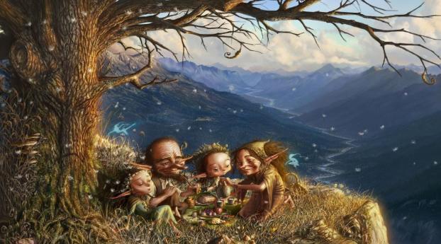 picnic, elfs, family Wallpaper 540x960 Resolution