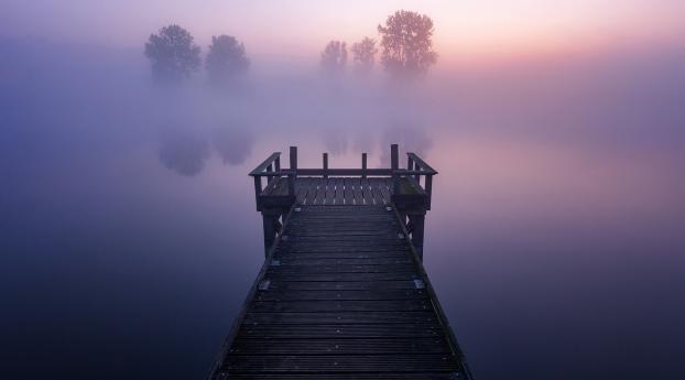 Pier And Foggy Lake Wallpaper 1336x768 Resolution