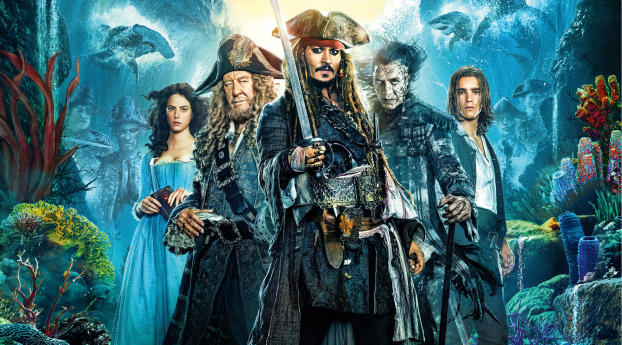 Pirates Of The Caribbean Dead Men Tell No Tales Movie Cast Poster Wallpaper 1520x720 Resolution