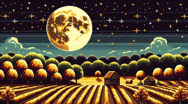 Pixel Art of Field at Moon Night Wallpaper