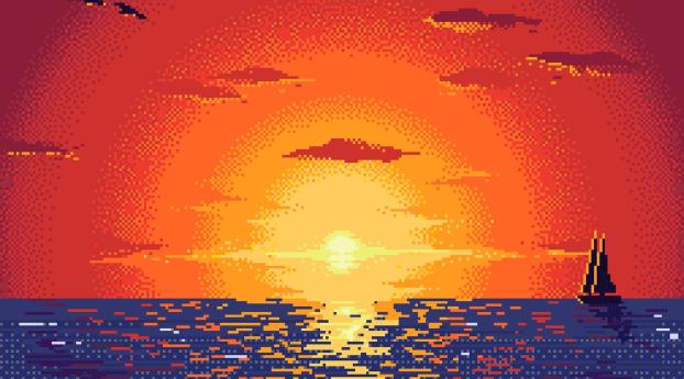 Pixel Sunset Digital Art Wallpaper 1440x2560 Resolution