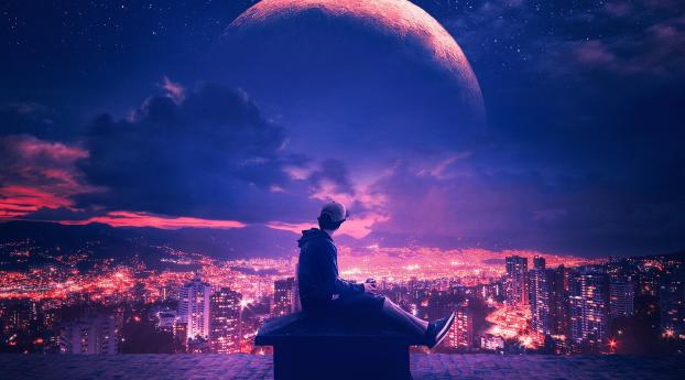 Planet Rise over City Wallpaper 1080x2340 Resolution
