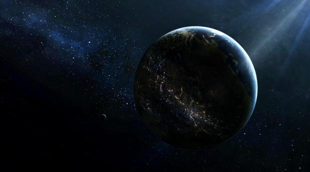 planet, satellite, lighting Wallpaper 640x240 Resolution